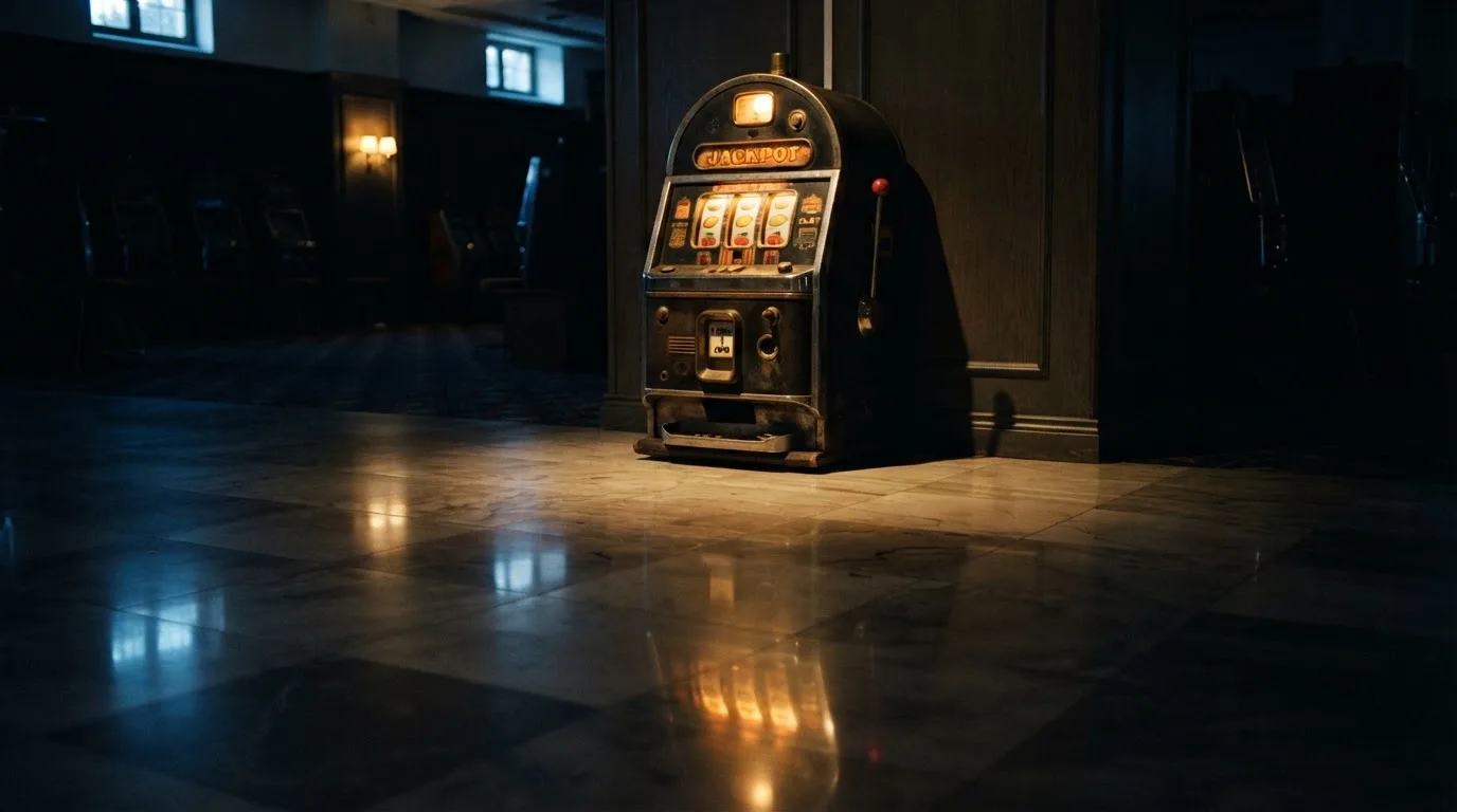En gammal spelautomat lyser i den dunkla hallen och speglar sig i golvet — svenska casinon med tron