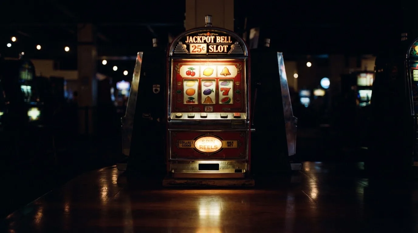En gammal spelautomat lyser i den dunkla hallen och speglar sig i golvet — svenska casinon med visa