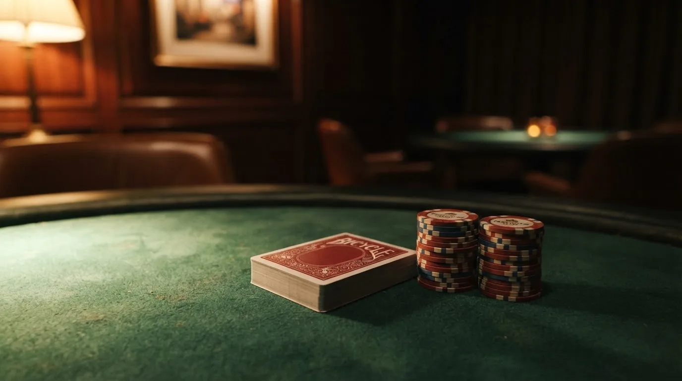 Kortlek och staplar av spelmarker på ett grönt filtbord i en dunkel salong, varmt lampsken — svenska casinon med zimpler