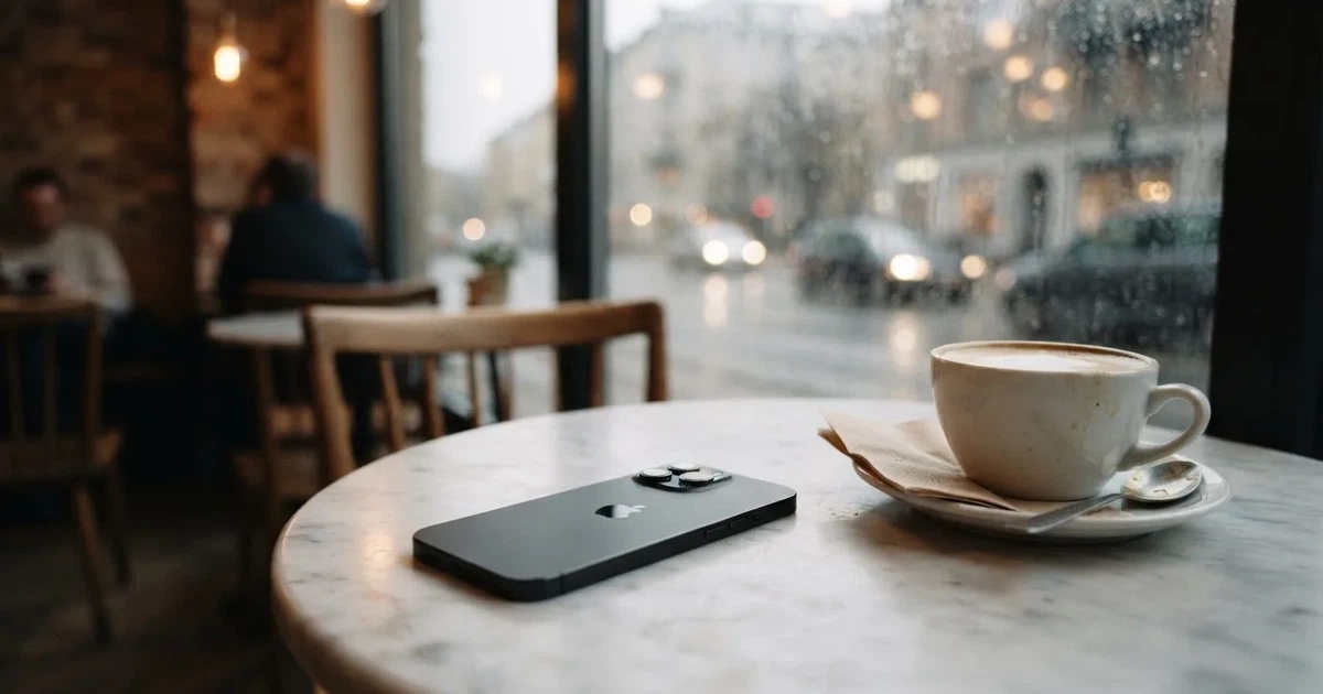 En mobil med framsidan nedåt på ett kafébord, bredvid en latte och regn mot rutan — svenska casinon på android
