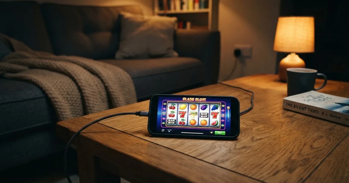 En smartphone ligger med baksidan upp på soffbordet, laddsladden ringlar och läslampan lyser mjukt — svenska casinon på ios
