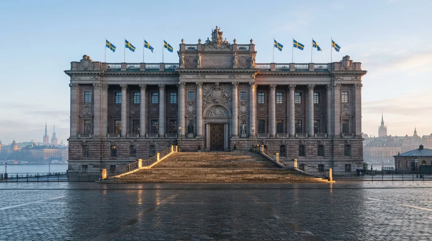 Stenfasad på en statlig byggnad i Stockholm vid gryning, höga pelare och ett tomt torg framför — svenska casinon på ios
