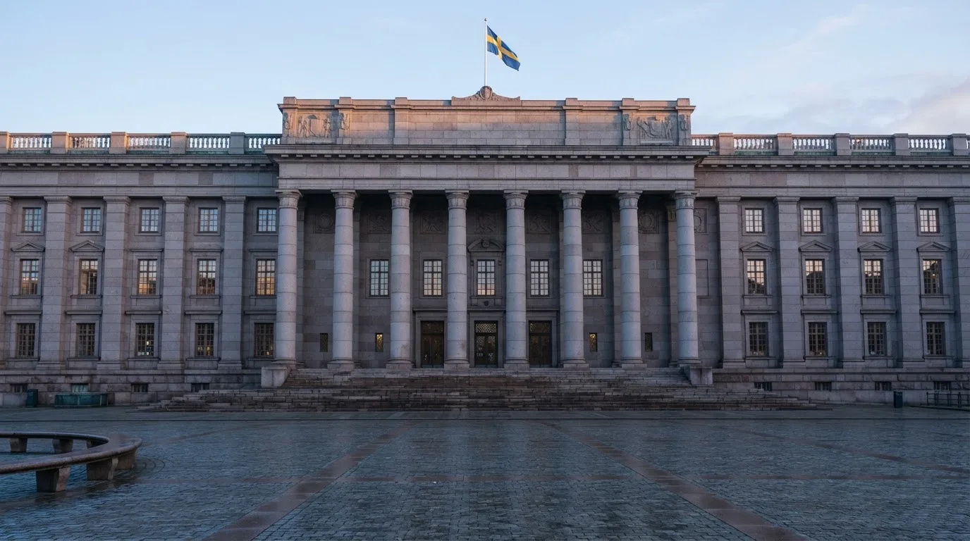 Stenfasad på en statlig byggnad i Stockholm vid gryning, höga pelare och ett tomt torg framför — svenska casinon på nätet