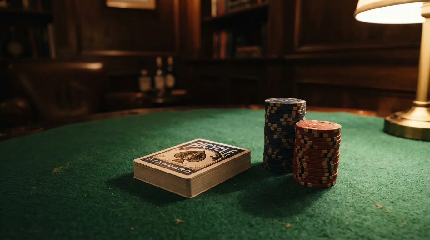 Kortlek och staplar av spelmarker på ett grönt filtbord i en dunkel salong, varmt lampsken — svenska casinon utan konto