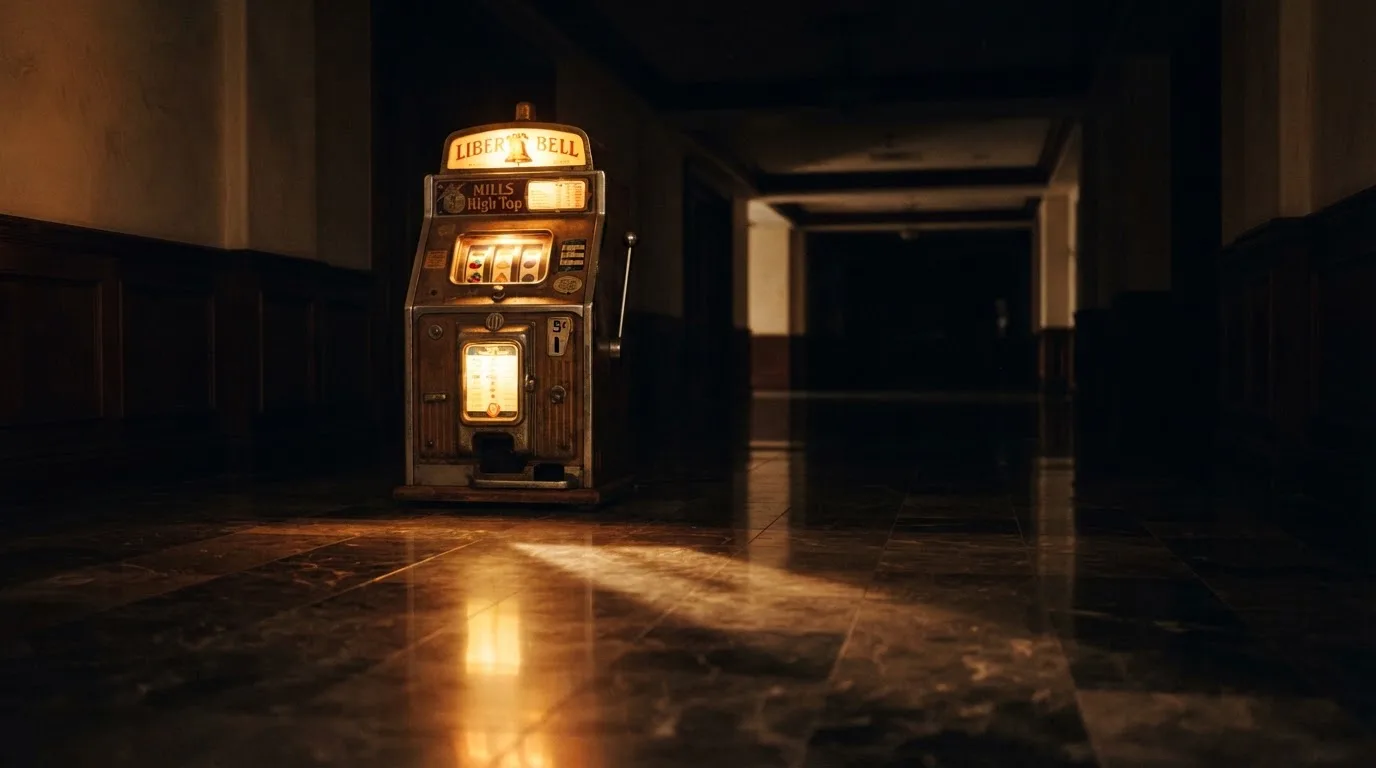En gammal spelautomat lyser i den dunkla hallen och speglar sig i golvet — svenska casinon utan registrering