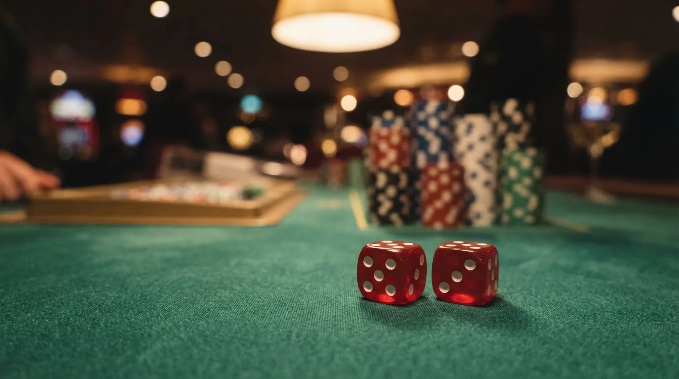 Röda tärningar vilar på grönt filt, bakom dem suddiga torn av spelmarker i kvällsdunklet — svenska casinon utan spelpaus