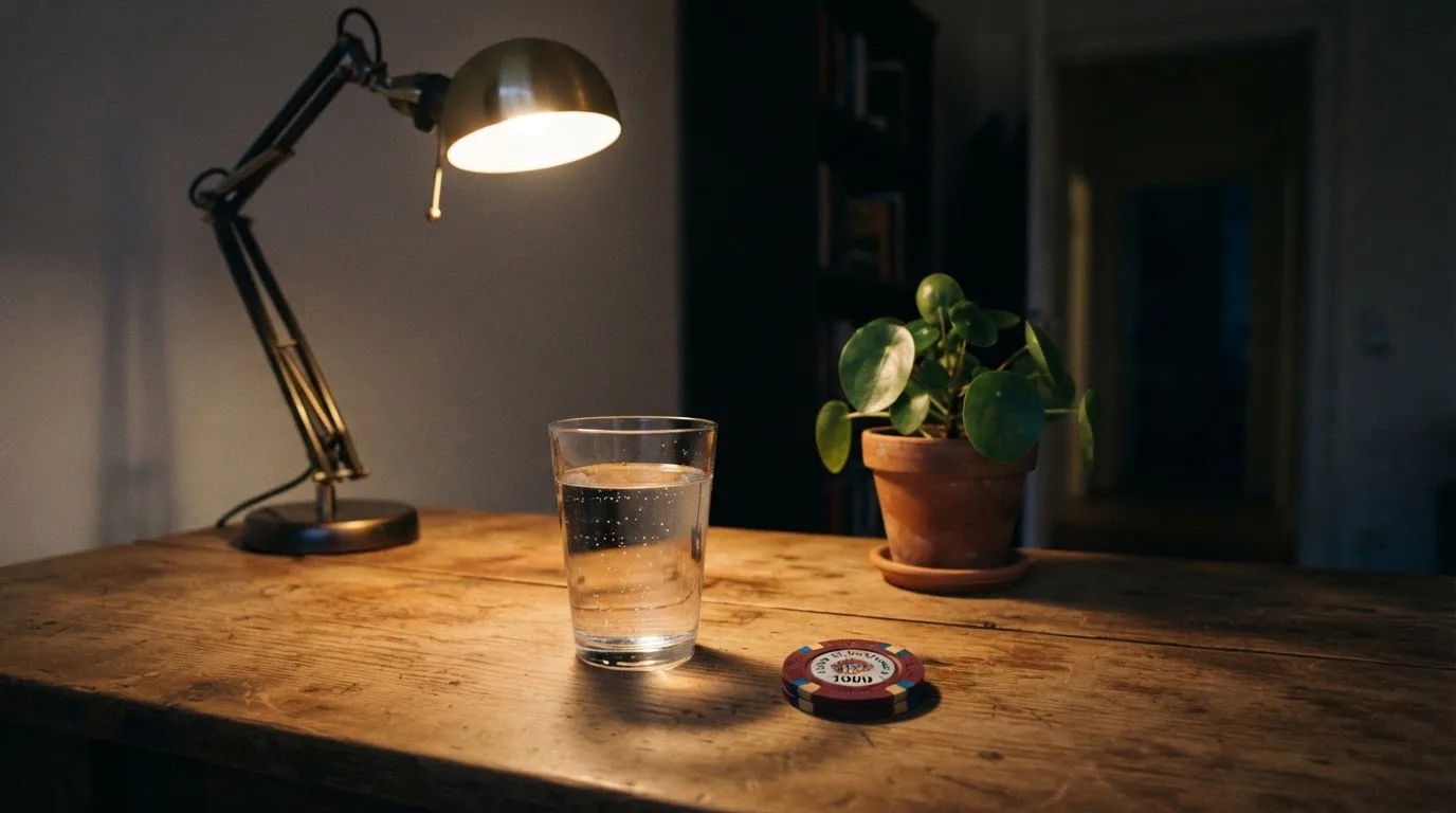 En skrivbordslampa lyser upp ett vattenglas och en kruka, rummet bakom mörknar sakta — svenska casinosidor