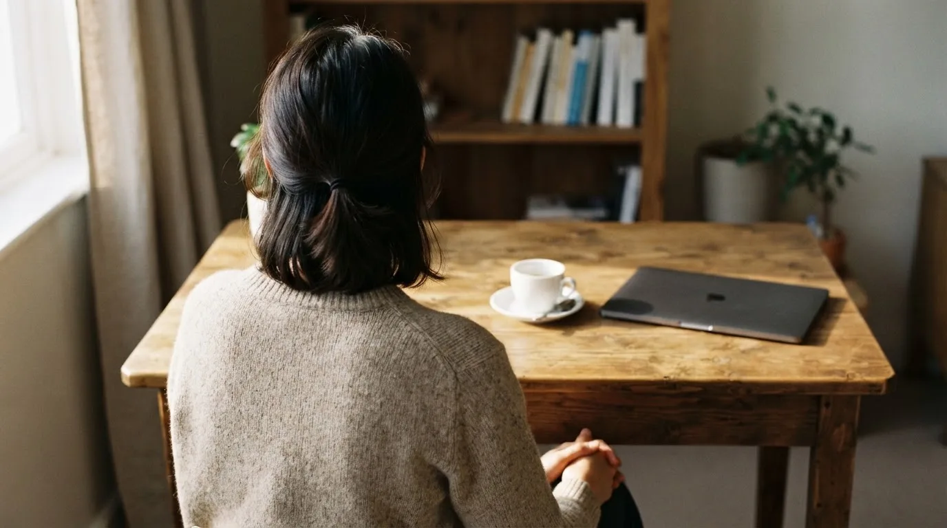 En person sitter vid ett skrivbord hemma med en kopp kaffe och en bärbar dator stängd bredvid sig i morgonljus.