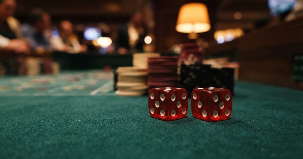 Röda tärningar vilar på grönt filt, bakom dem suddiga torn av spelmarker i kvällsdunklet — svenska online casinon