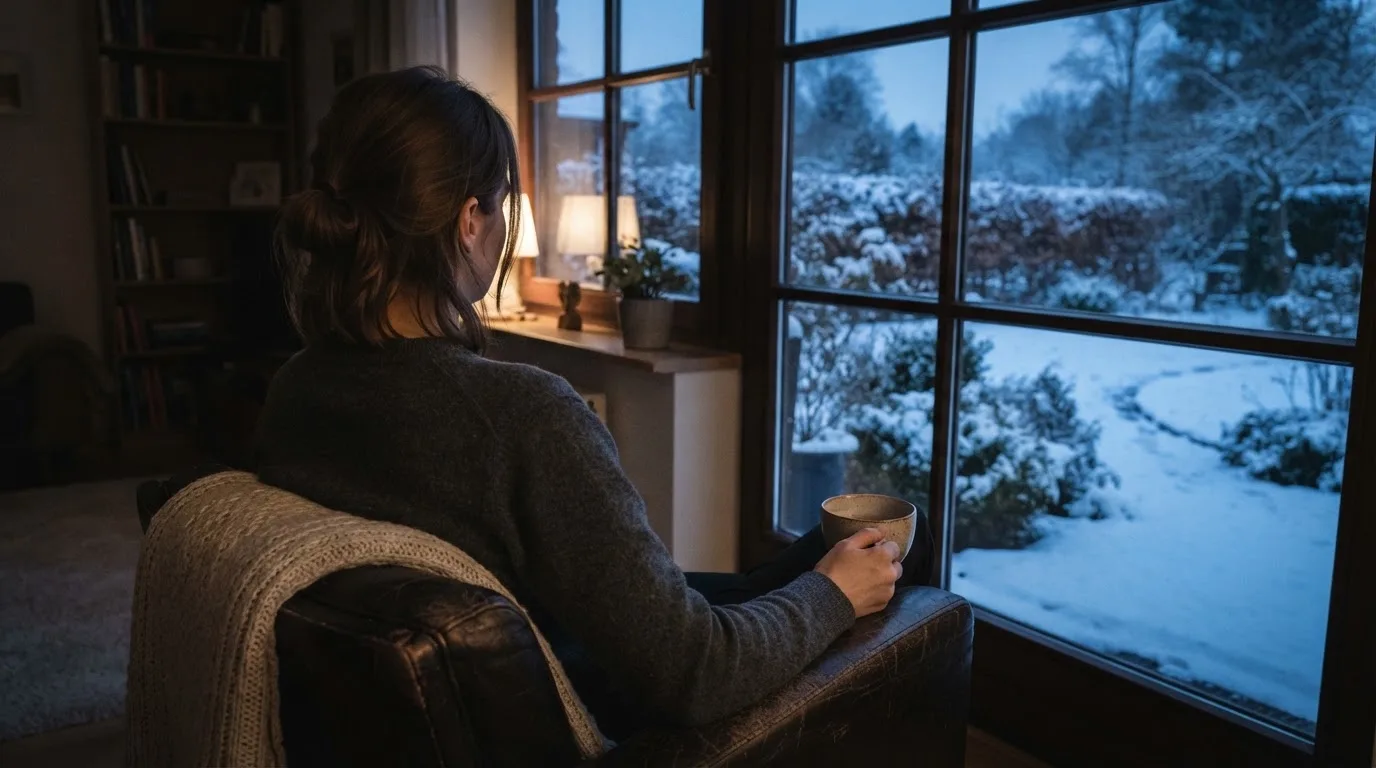 En person sitter ensam vid ett fönster i skymningen och håller en tekopp, med en rofylld vinterträdgård synlig utanför glaset.