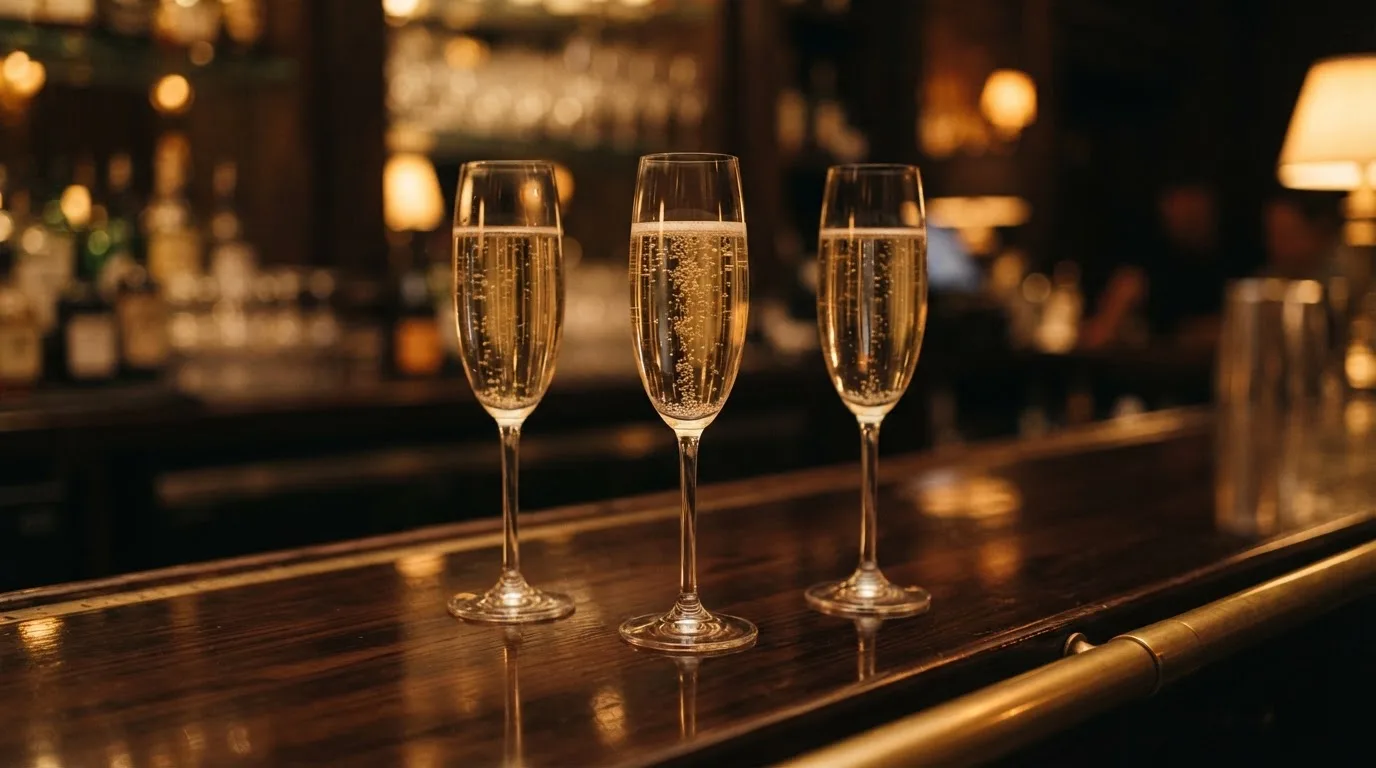 Tre champagneglas uppradade på en bardisk i dämpat guldljus — casinon med baccarat i sverige