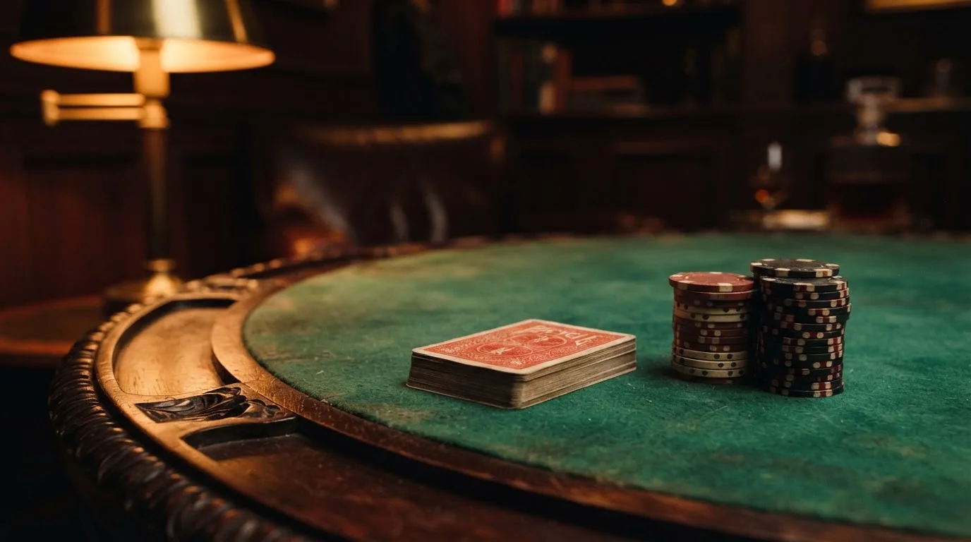 Kortlek och staplar av spelmarker på ett grönt filtbord i en dunkel salong, varmt lampsken — utländska casinon i sverige