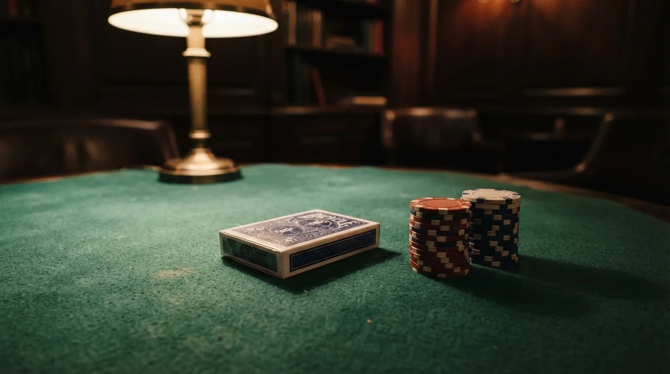 Kortlek och staplar av spelmarker på ett grönt filtbord i en dunkel salong, varmt lampsken — vinna på svenska casino